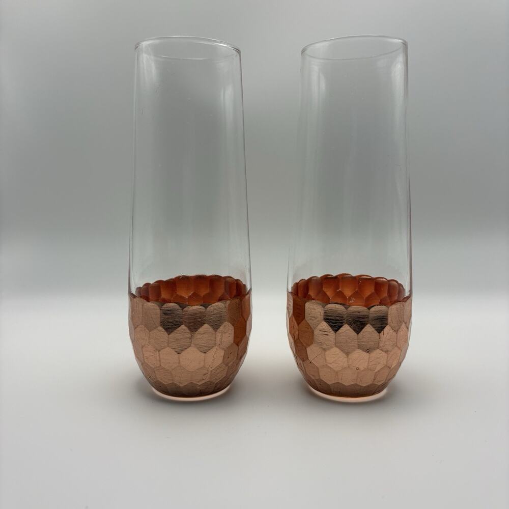 Pair 2 Fitz & Floyd Stemless Champagne Flutes Hammered Honeycomb Copper Design